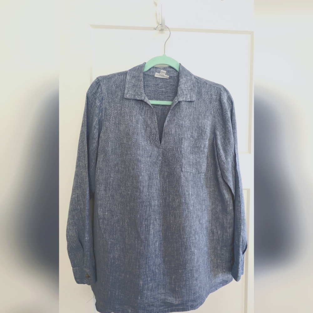 J. Jill Ladies Blue 100% Linen Tunic Top Size SP